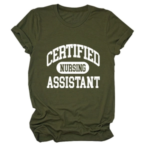 Olive green short sleeve T-shirt for Certified Nursing Assistant in a flat lay view