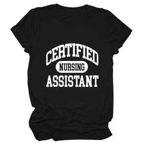 Detail of black cotton T-shirt featuring Certified Nursing Assistant white lettering print