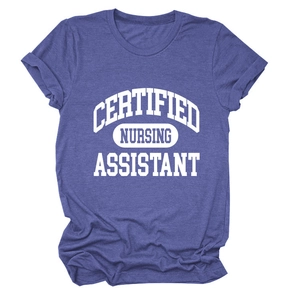 Detail of rolled cuffs and white lettering on purple nursing assistant t-shirt