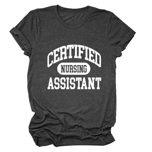 Flat lay of a dark grey t-shirt with white Certified Nursing Assistant graphic print