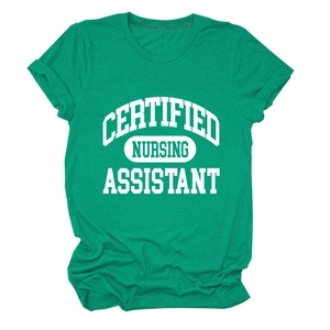 Detail of green heather fabric texture and white Certified Nursing Assistant print on t-shirt