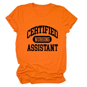 Detail of bright orange cotton nursing assistant T-shirt with black graphic print