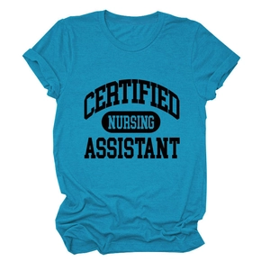 Close-up of bright blue nursing assistant t-shirt with black letter print on white background