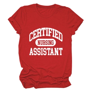 Detail view of red short sleeve T-shirt with white Certified Nursing Assistant text