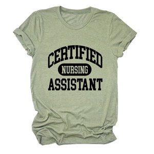 Detail of heather green Certified Nursing Assistant graphic tee in a cotton blend