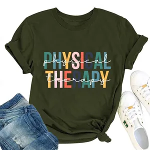 T-Shirt Imprimé Physical Therapy Femmes Décontracté Mélange de Coton Manches Courtes Col Rond Coupe Large Top Streetwear