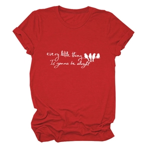 Detail view of the rolled cuff sleeves and white graphic print on a bright red t-shirt