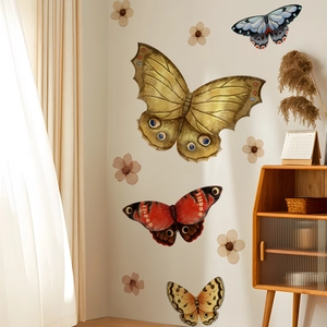 Close-up of watercolor bohemian butterfly and flower wall stickers in a cozy room