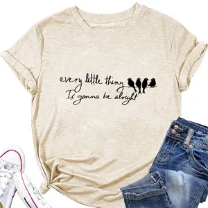 Every Little Thing Is Gonna Be Alright Women's Casual Cotton Blend T-Shirt Birds Print Short Sleeve Round Neck Loose Top