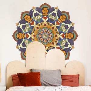 Detailed view of large lotus mandala wall decal in bohemian bedroom setting
