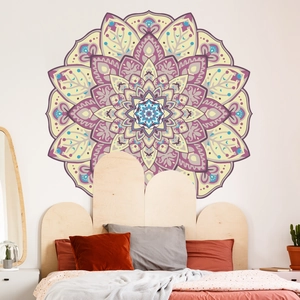 Detail of bohemian lotus mandala wall sticker with intricate colorful geometric patterns