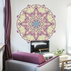 Detailed close-up of large bohemian mandala wall sticker with purple and gold geometric patterns