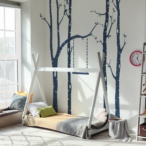 Minimalist white house bed frame for kids with solid wood tent structure and low height