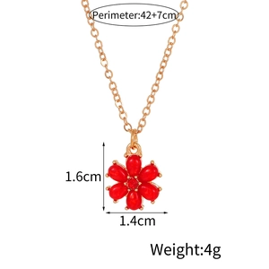 Elegant red flower pendant necklace with gold chain and product dimensions display