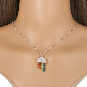 Detail of silver cloud necklace with colorful rhinestone tassels in rainbow colors