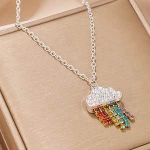 Elegant silver cloud necklace with sparkling rainbow rhinestone tassels and silver chain