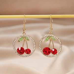 Cherry Rhinestone Drop Earrings Sweet Fruit Gold Plated Alloy White Red Green Crystal Jewelry For Women Elegant