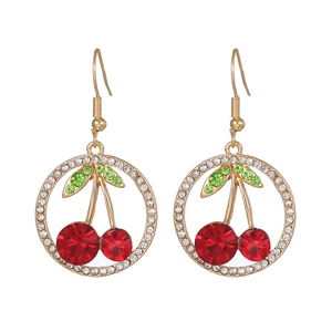 Elegant gold cherry earrings featuring red rhinestones and white crystal circle frame