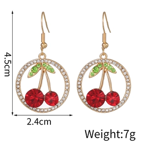 Elegant ruby cherry hoop earrings with sparkling rhinestones in a gold metal frame