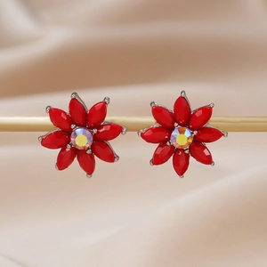 Boucles D'Oreilles Puces Fleurs Alliage Design Floral Avec Pétales En Résine Colorée Et Strass Central Pour Femmes