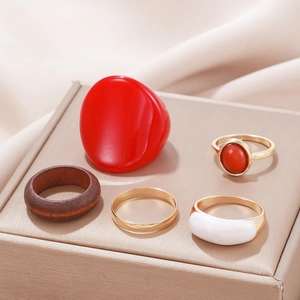 Vintage Geometric Ring Set For Women Alloy Gold Plated Red Resin Agate Look White Marble Pattern Finger Rings Fashion Jewelry