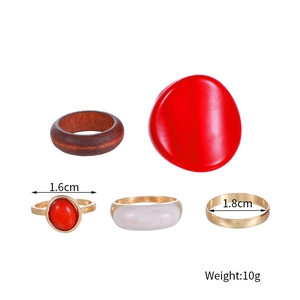 5-piece ring set with natural red stone and resin in gold-tone plating, 10g lightweight