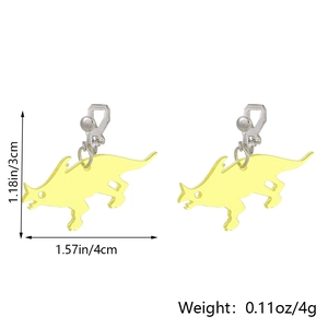 Detail view showing yellow acrylic triceratops clip-on earrings with size and weight specs