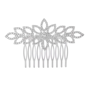 Elegant bridal silver hair comb with floral rhinestone design and a ten-tooth metal clip