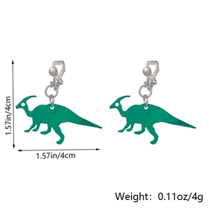 Detail view of green dinosaur clip-on earrings with size and weight measurements
