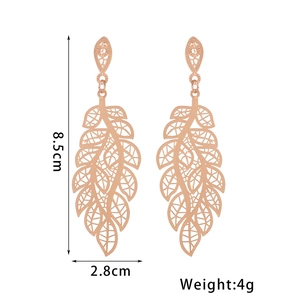 Rose gold leaf tassel earrings showing dimensions of 8.5cm height and 2.8cm width