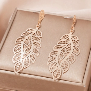 Close-up of rose gold hollow leaf earrings with intricate vein details on jewelry box