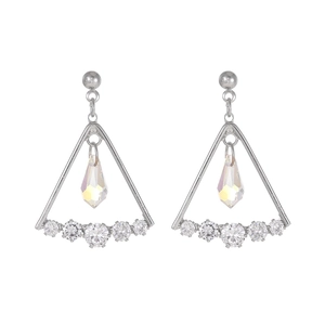 Detail of silver triangle earrings with zircons and iridescent aurora crystal drop
