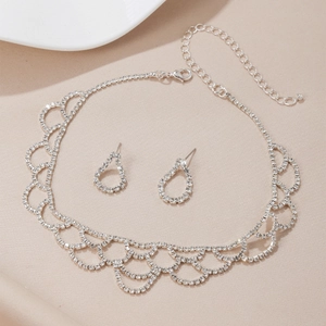 Luxus Legierung Strass Wassertropfen Ohrringe Welle Choker Halskette Für Damen Hochzeit Party Brautschmuck Silber Ton Schmuck
