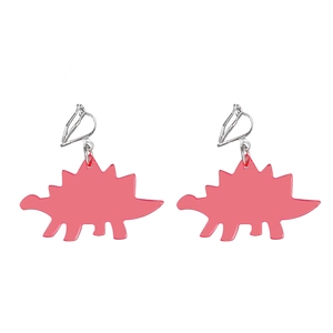 Cute pink acrylic dinosaur clip-on earrings for kids and women, minimalist stegosaurus design