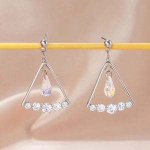 Elegant silver triangle earrings with teardrop crystal and round cubic zirconia accents