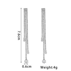 Detailed size specifications for silver rhinestone tassel earrings with 7.6cm length drop
