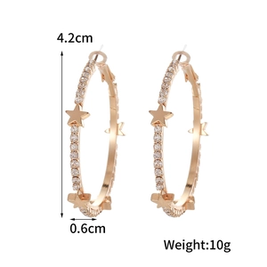 Rose gold plated star hoop earrings with rhinestone accents, 4.2cm diameter size