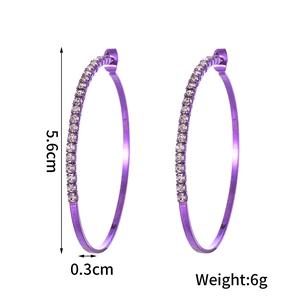 Purple crystal hoop earrings for women with rhinestones, 5.6cm diameter minimalist style