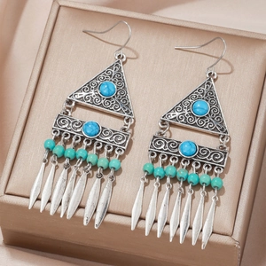 Bohemian Tassel Drop Earrings Alloy Turquoise Filigree Retro Ethnic Style Jewelry For Women