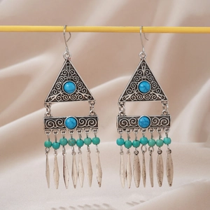 Bohemian silver earrings with turquoise stones and vintage metal fringe tassels