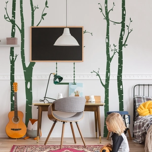 Detail of dark green birch tree wall sticker for minimalist home office decoration