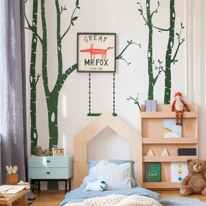 Nordic forest wall decal set featuring green birch trees and fox themed wall art
