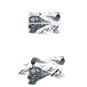 Stickers muraux aquarelle réalistes train à vapeur et montagnes pour décor de salon