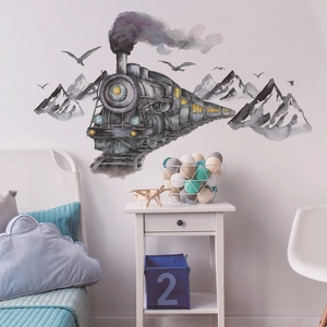 Détail du sticker mural train à vapeur aquarelle et montagnes pour chambre d'enfant