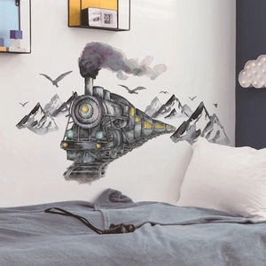 Sticker mural aquarelle train à vapeur avec montagnes et oiseaux pour la chambre