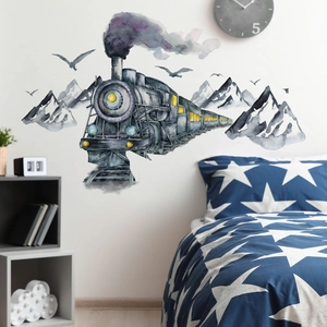 Stickers muraux aquarelle train à vapeur et montagnes enneigées pour décor de chambre