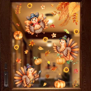 Détail de stickers de Thanksgiving avec dindes de dessin animé, citrouilles et érables