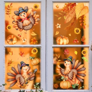 Stickers de fenêtre Action de grâce avec dindes de dessin animé, citrouilles et érable