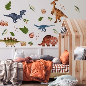 Cartoon dinosaur wall stickers with dinosaur eggs and greenery for nursery wall decor