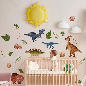 Nursery wall decals featuring watercolor cartoon dinosaurs, eggs, and green tropical leaves